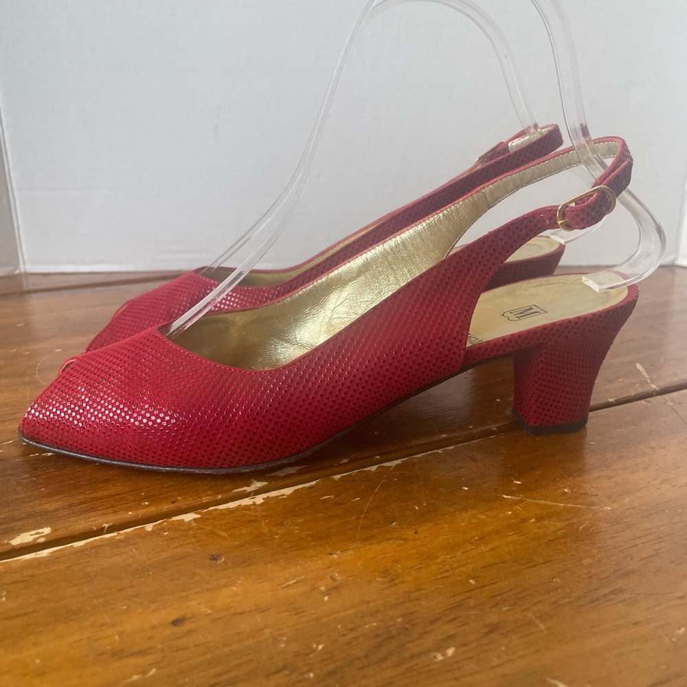 Vtg Bruno Magli Red Leather Peep Toe Slingback Heels Size 6.5 Made In Italy